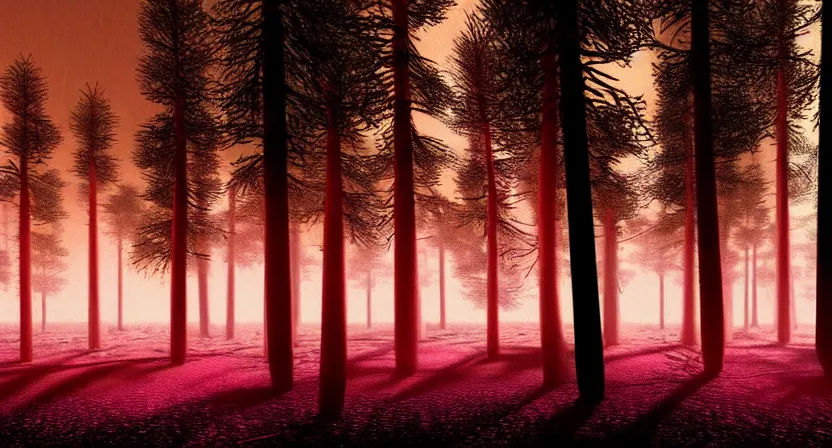 Prompt: national geographic photo of dark russian forest, soft colors, bright neon on trees, retro-futurism, atomic heart game concept render