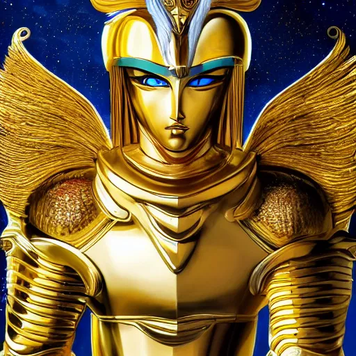 Image similar to A radiant, extreme long shot, photo of a 27-year-old Caucasian male wearing the Gemini Gold Armor, Beautiful gold Saint, Jaw-Dropping Beauty, gracious, aesthetically pleasing, dramatic eyes, intense stare, immense cosmic aura, from Knights of the Zodiac Saint Seiya, inside the Old Temple of Athena Greece,4k high resolution, Detailed photo, attention to detail, hyper detailed, ultra detailed, octane render, arnold render, Photoshopped, Award Winning Photo, groundbreaking, Deep depth of field, f/22, 35mm, make all elements sharp, at golden hour, Light Academia aesthetic, Socialist realism, by Annie Leibovitz