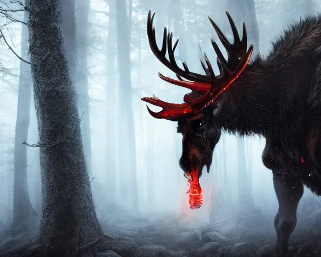 Image similar to 5 5 mm close up portrait photo of an armored demonic fire breathing moose with red eyes and antlers and looking at the camera, in a magical forest. dark atmosphere. art by greg rutkowski and luis royo. highly detailed 8 k. intricate. lifelike. soft light. nikon d 8 5 0.