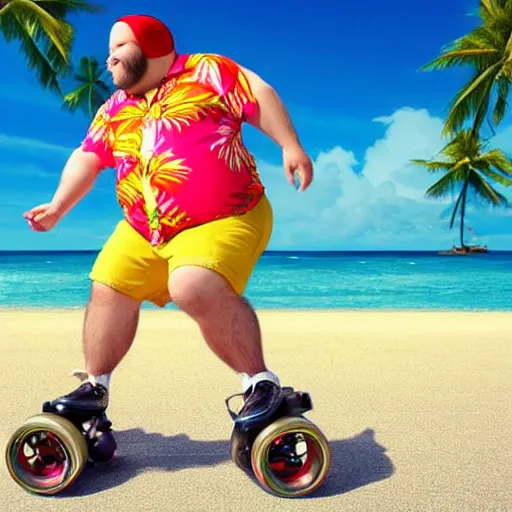 Image similar to happy fat man in a hawaiian shirt and roller skates