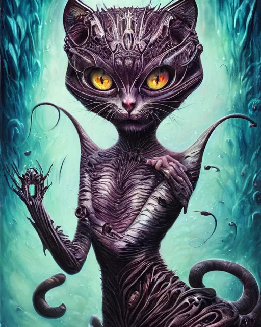 Prompt: chesire cat, by antonio j. manzanedo, giger, alex grey, android jones, wayne barlowe, philippe druillet, raymond swanland, cyril rolando, josephine wall, harumi hironaka, trending on artstation