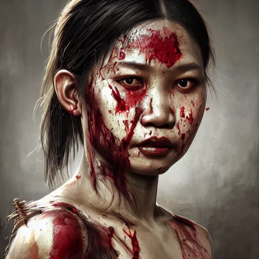 Image similar to portrait painting of a bloodied indonesian female butcher, ultra realistic, concept art, intricate details, eerie, highly detailed, photorealistic, octane render, 8 k, unreal engine. art by artgerm and greg rutkowski and alphonse mucha