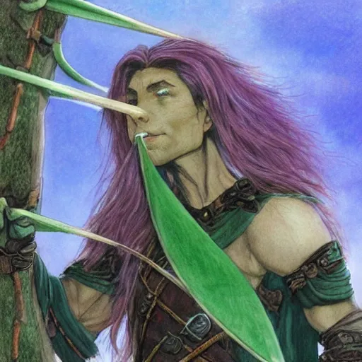 Image similar to male wood elf, pointy ears, long purple hair, holding a longbow, green leaf cloak, leather armor, metal gauntlets, green eyes. in the style of alan lee and john howe. fantasy. detailed.