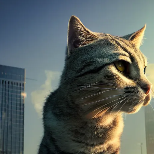 Prompt: giant cat invading detroit, dslr, 8 k, octane beautifully detailed render, detailed lighting, cinematic lighting, detailed photo, masterpiece, volumetric lighting, ultra realistic, highly detailed, high quality, lossless, photorealistic