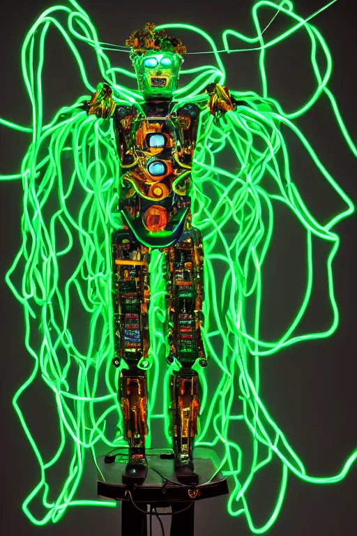 Image similar to full-body rococo and cyberpunk style green neon and ceramic statue of a muscular attractive Spanish robot god humanoid wearing a see-through silk cloak sim roupa, posing like a falling model, suspended from the ceiling with thick neon cables, glowing mint face, crown of red steampunk lasers, emeralds, swirling silver silk fabric. futuristic elements. oozing glowing liquid, full-length view. space robots. human skulls. throne made of bones, intricate artwork by caravaggio. Trending on artstation, octane render, cinematic lighting from the right, hyper realism, octane render, 8k, depth of field, 3D