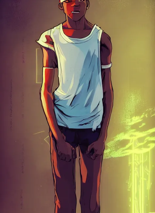 Prompt: bald african-american male teenager wearing a white tank-top, intricate cyberpunk city, emotional lighting, character illustration by tatsuki fujimoto