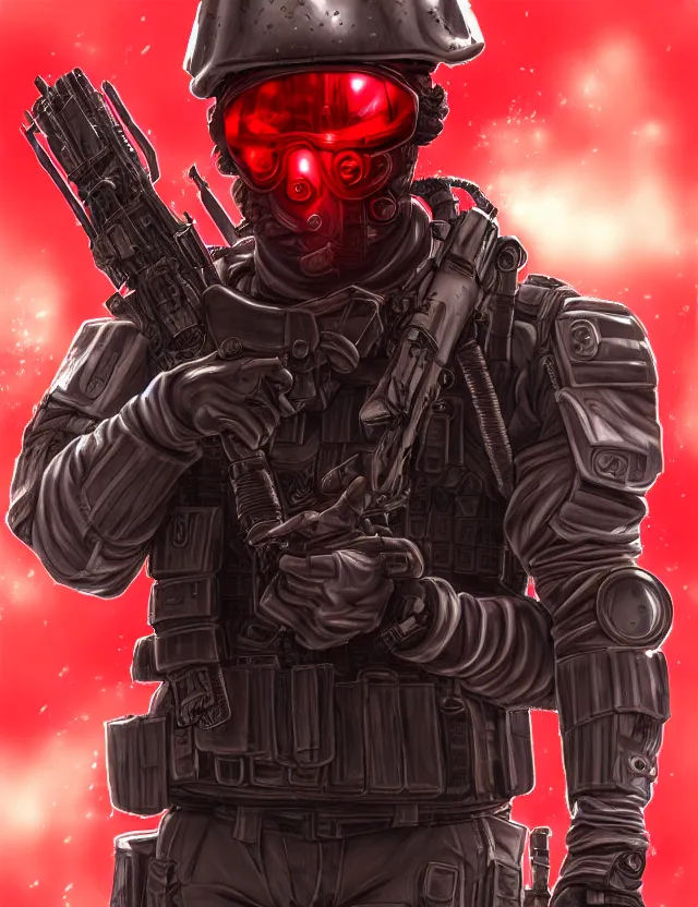 Image similar to a detailed manga portrait of a masked special forces soldier wearing dark red advanced demon - resistant cyborg tactical gear, trending on artstation, digital art, 4 k resolution, detailed, high quality, sharp focus, hq artwork, coherent, insane detail, character portrait