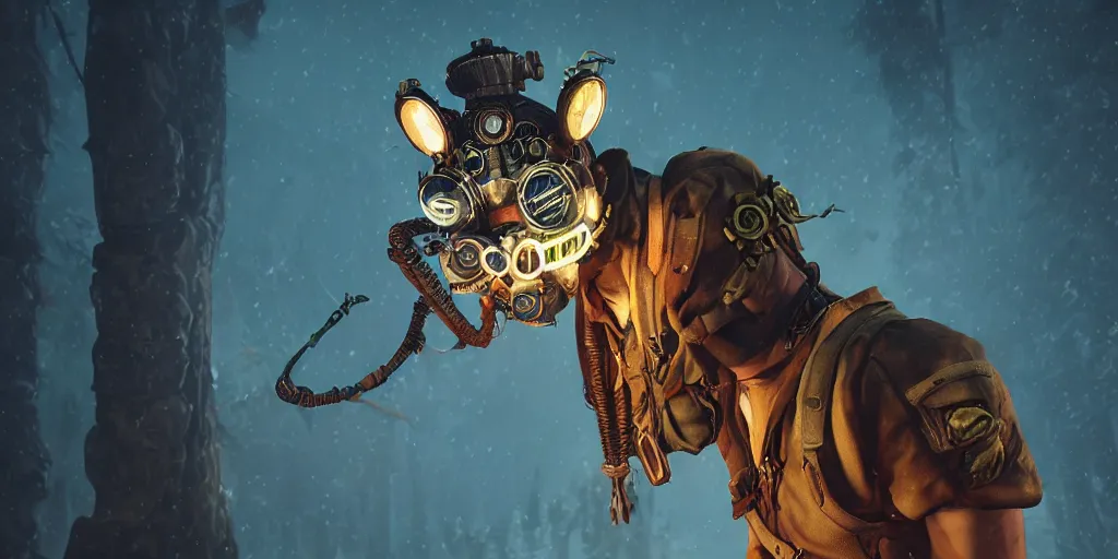 Image similar to woodsman wearing a steampunk and neonpunk mechanical fluorescent mystical animal mask in strange misty mountain landscape. fight with night monsters, night, realism in style of fornite game, 4 k, octane render, award winning photograph, epic cinematic shot, perfectly defined features, ambient occlusion