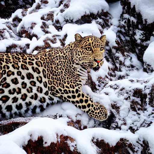 Prompt: a snowy leopard covered in lava, DALL-E 2
