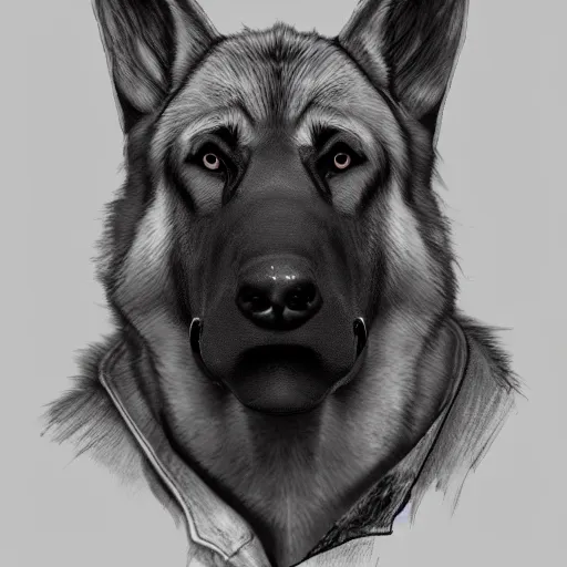 Prompt: a humanoid german shepherd beast - man, wearing suit, highly detailed portrait, digital painting, artstation, concept art, smooth, sharp foccus ilustration, artstation