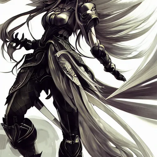 Prompt: full body character design character design of an anime girl with long white hair wearing Elden Ring armor with engraving in the style of Yoji Shinkawa, expressive brush strokes, hairs fluttering on the wing, noisy film grain effect, highly detailed, Renaissance oil painting, weird portrait angle, blurred lost edges, three quarter view