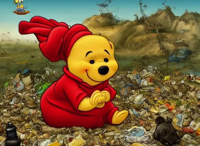 Prompt: portrait of Xi Jinping wearing a Winnie the Pooh onesie in a trashy Chinese dirt poor landfill, hungry, beta weak male, digital painting, concept art, smooth, sharp focus, illustration, from Slumdog Millionaire, by Hieronymus Bosch and Peter Mohrbacher