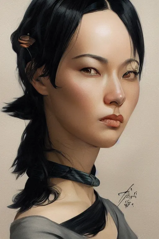 Prompt: science-fiction character portrait of Nakamura Aya, black hair cut in a bob, perfect facial features, highly detailed, digital painting, artstation, upper body, concept art, smooth, sharp focus, illustration, art by artgerm and greg rutkowski and alphonse mucha