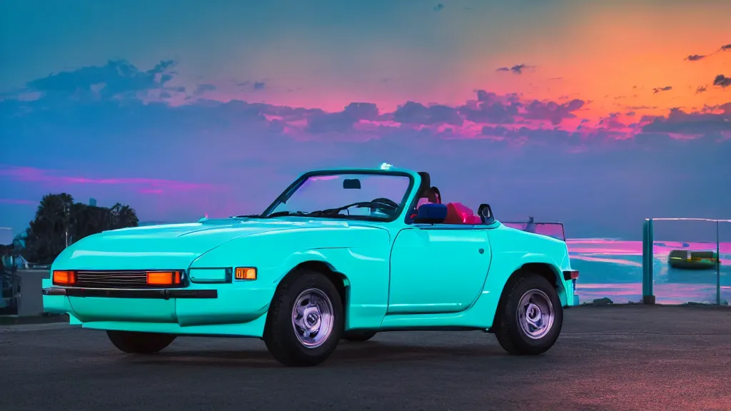 Image similar to neon synthwave datsun fairly roadster, at sunset, 8 k. filling most of the view