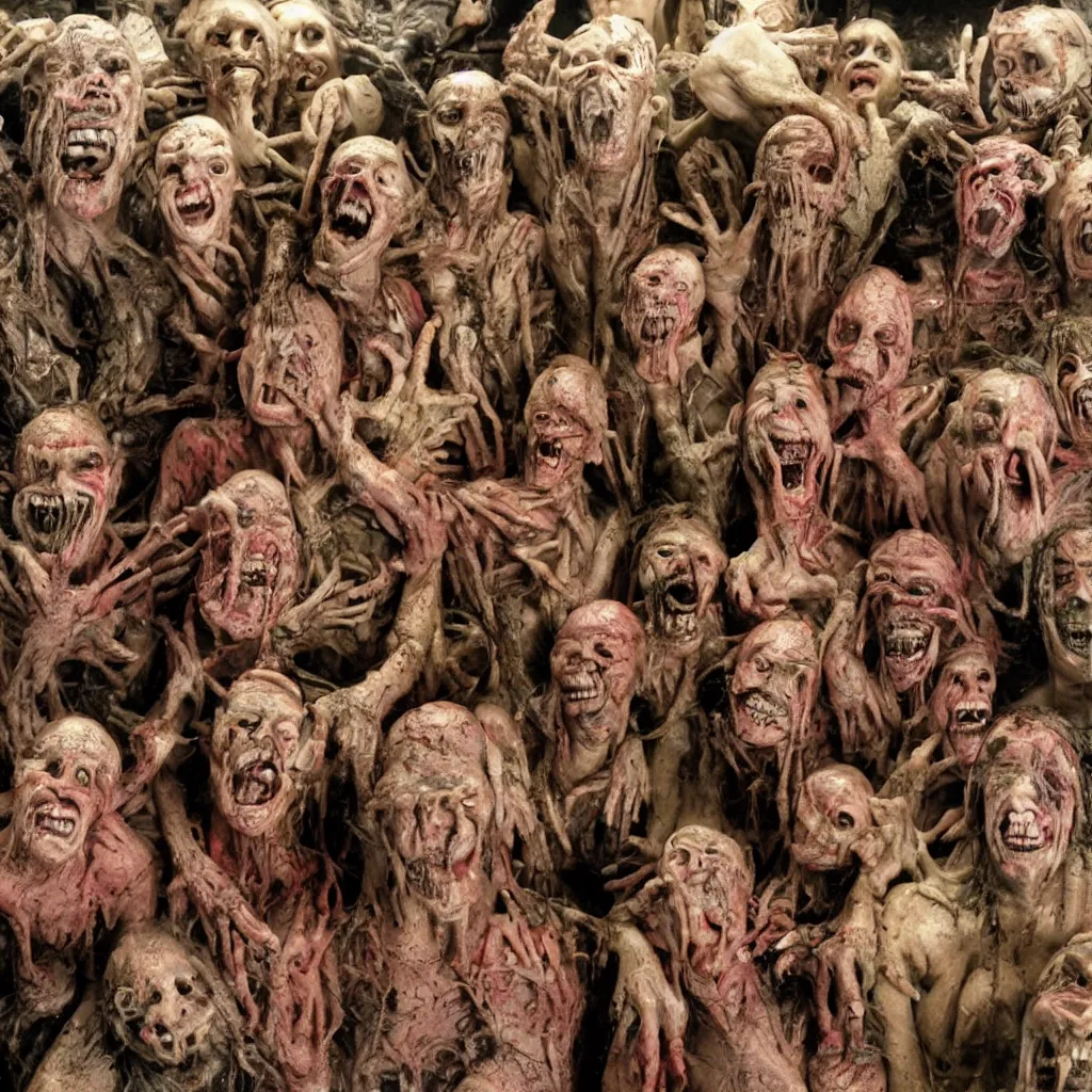 Prompt: portrait of a happy creepy mud clay people in supermarket by bob bottin and cronenberg, horror grotesque, realistic detailed photography, filth and grim, colorized 1 9 9 0's