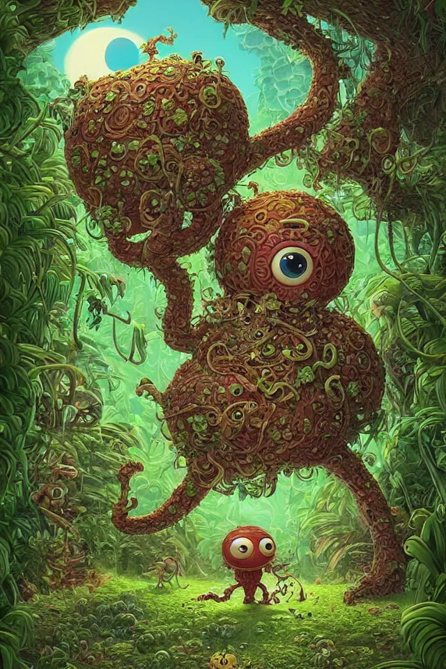 Image similar to an intricate cute monster, taking a walk, lush jungle, a hut in the background, by kokaris, naoto hattori, moebius and android jones