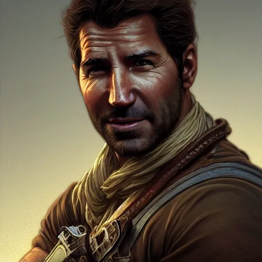 Image similar to Joe Biden face as Nathan Drake, western, D&D, fantasy, intricate, elegant, highly detailed, digital painting, artstation, concept art, matte, sharp focus, illustration, art by Artgerm and Greg Rutkowski and Alphonse Mucha