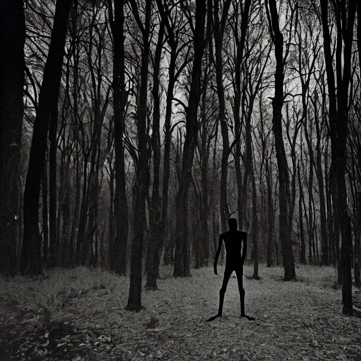 Prompt: a creepy and slender shadowy figure with long limbs in the dark woods at night, 35 mm, film shot