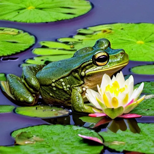 Prompt: close - up of a flirty frog in the pond with water lilies, shallow depth of field, highly detailed, autumn, rain, bad weather, ominous, digital art, masterpiece, matte painting, sharp focus, matte painting, by isaac levitan, by monet, asher brown durand,