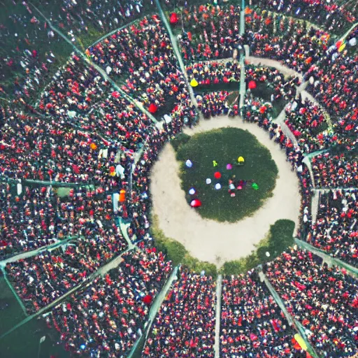 Prompt: Aerial photograph of sikkim people holding hands in a circle on top of a mountain, realistic