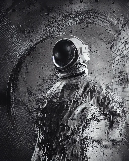 Image similar to brutalist construction with organic fluid metal parts floating in void hallucinating, a lost astronaut covered with black sticky extraterrestrial fluid, creative VFX, no text, rendered with octane, hyper realistic, hyper detailed, surreal, futuristic, volumetric light, 8k