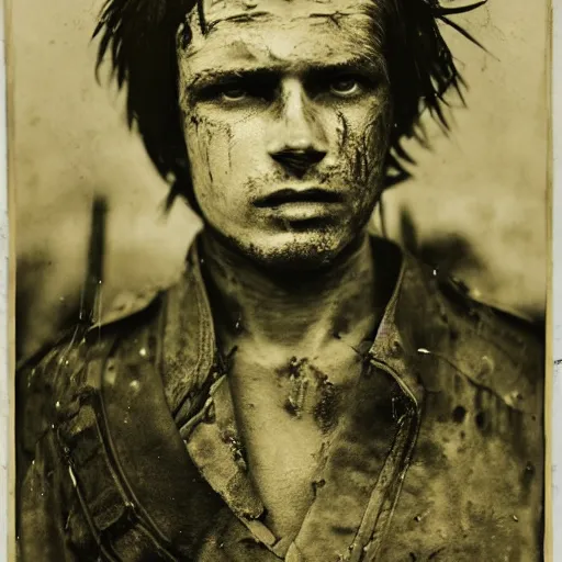 Image similar to A wet-collodion styled portrait of a disheveled solider coming back from battle looking defeated, staring straight into the camera. Depth of field, smoke, high contrast, extremely detailed.