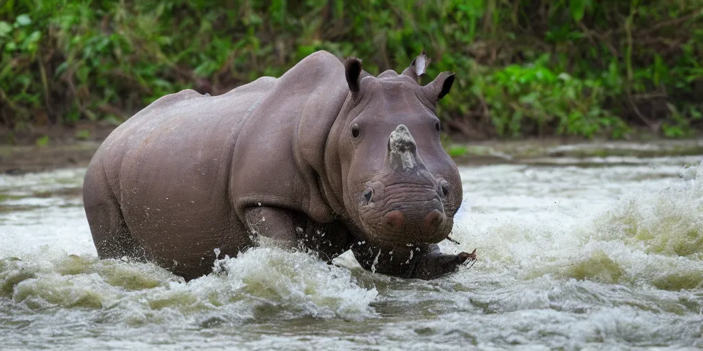 Image similar to a hippo with a rhino horn, in a river in the jungle, extremely high fidelity, natural lighting