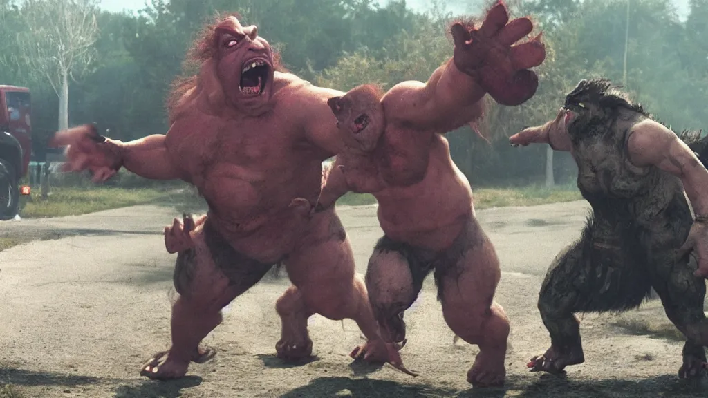 Prompt: a huge angry violent ogre stomps through a trailer park,