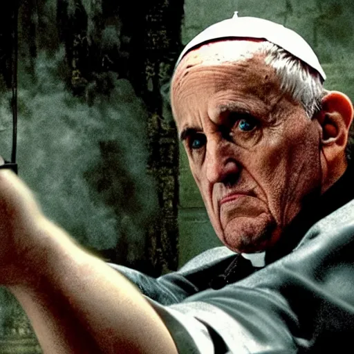 Prompt: movie still, movie frame, the pope as the main character in resident evil