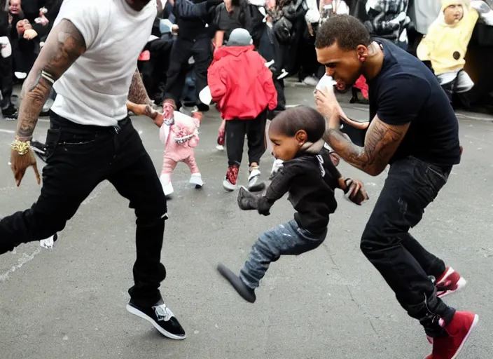 Prompt: a photograph of Chris Brown kicking a baby