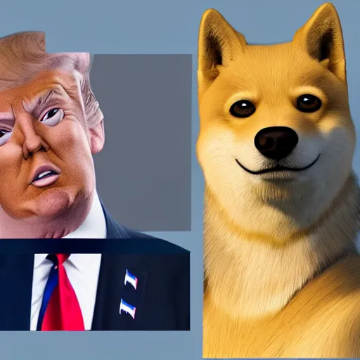 Prompt: Doge with donald trump body, realistic artstyle, wide shot, dramatic lighting, octane render, hyperrealistic, high quality, highly detailed, HD, beautiful, cinematic, 8k, unreal engine, facial accuracy, symmetrical