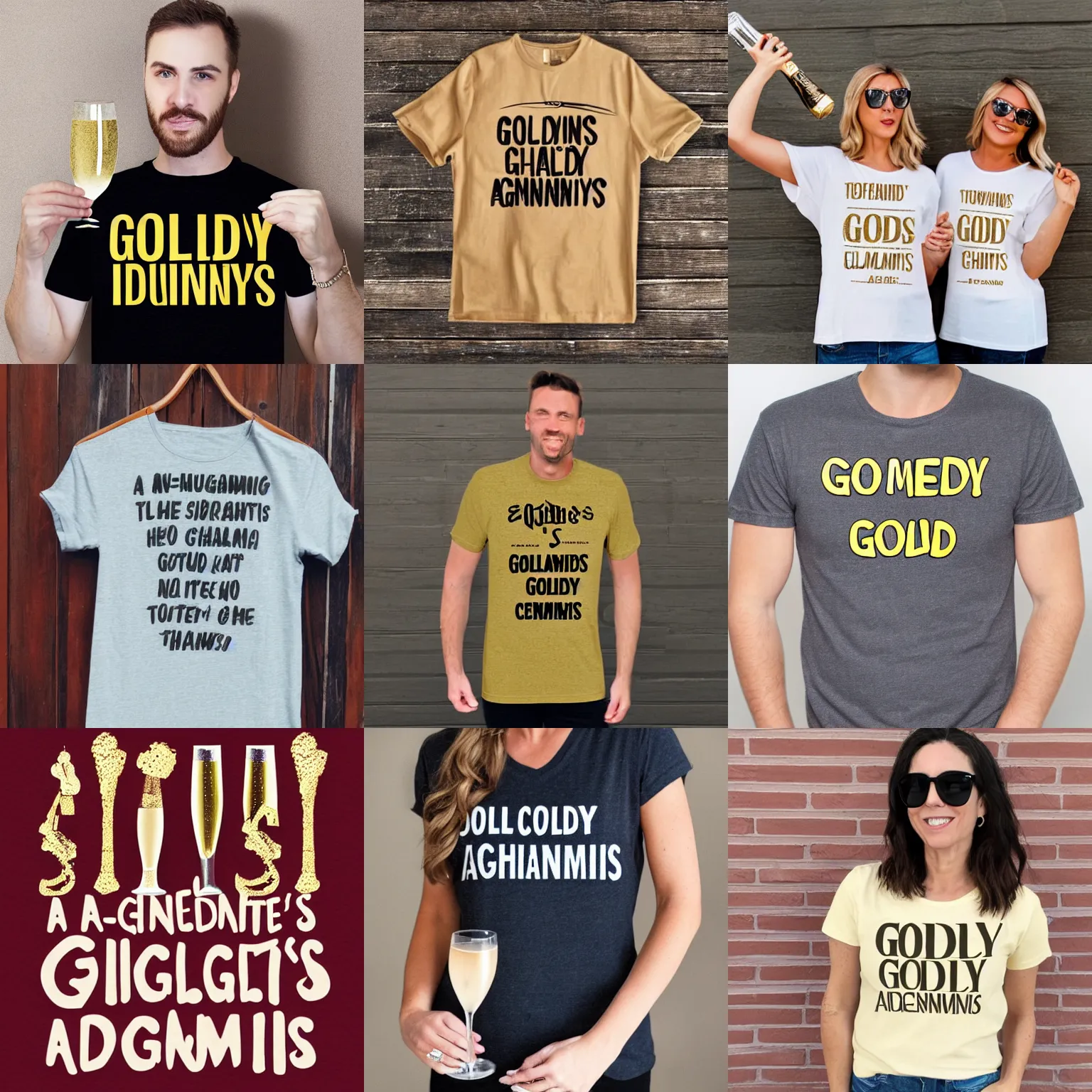 Prompt: a t - shirt with the words goldy shenanigans and two champagne flutes