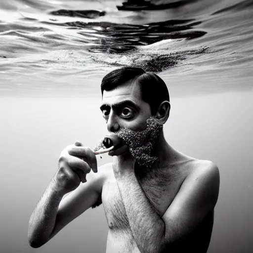Image similar to An Alec Soth portrait photo of Mr. Bean eating his corndog fingers while underwater. An octopus can be seen in the distance