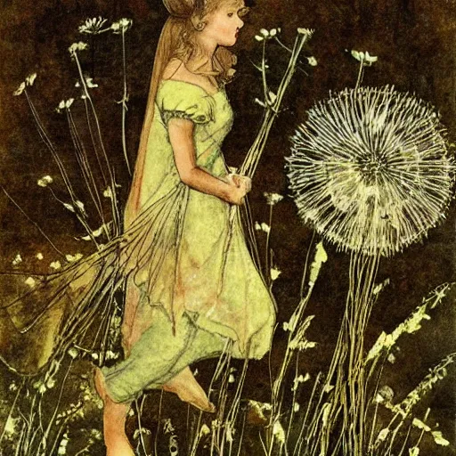 Image similar to a beautiful fairytale painting of a dandelion seed that is also a fairy. the dandelion seed is the body of the fairy. beautiful clear painting by arthur rackham