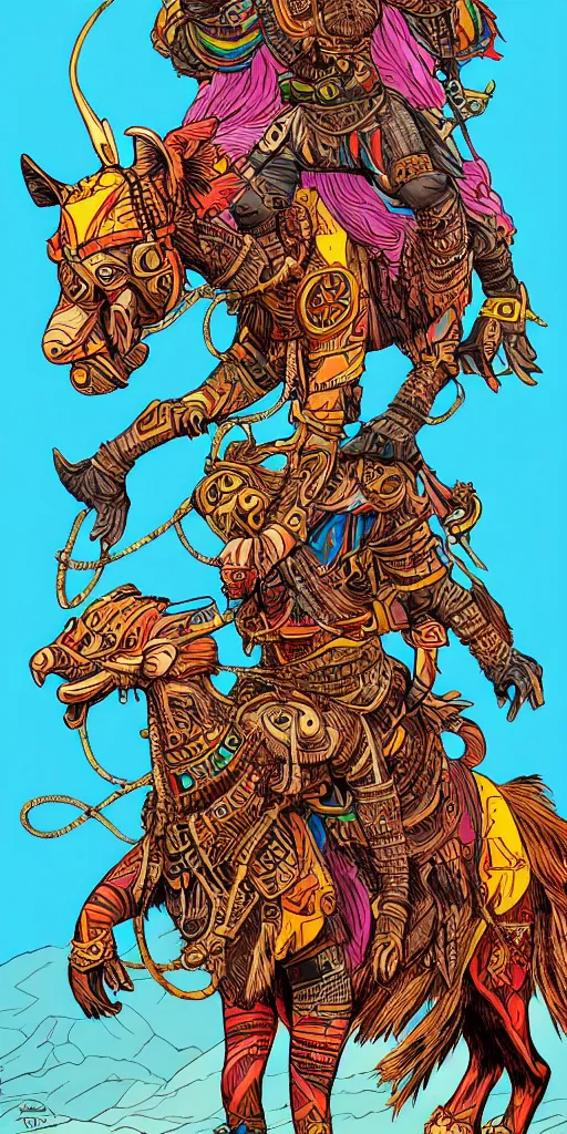 Prompt: full body portrait of african adventurer riding a fantasy quadruped with tribal decorations and tattoos by moebius, clean line, colorful comics style, artstation