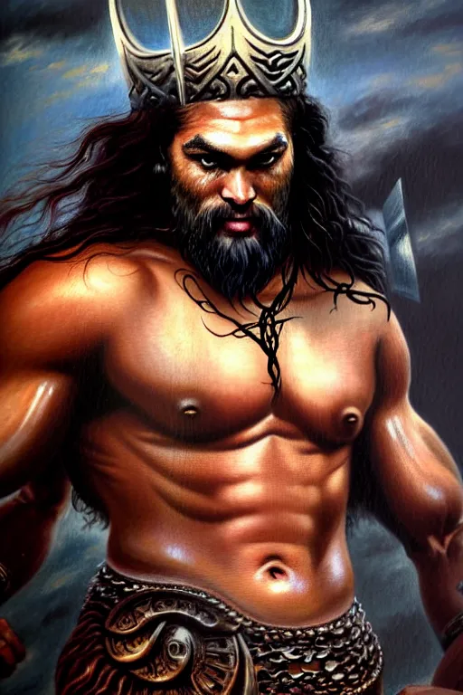 Image similar to beautiful portrait oil painting, jason momoa conan the barbarian thor standing on a hill made of skulls, wearing a warrior king crown and royal crimson fantasy ornate spartan dragon scale armor, wet skin and hair, muscular!!!, battle action pose, frank frazetta, boris vallejo, greg rutkowski, beautiful cinematic light, low angle, greg rutkowski, high contrast