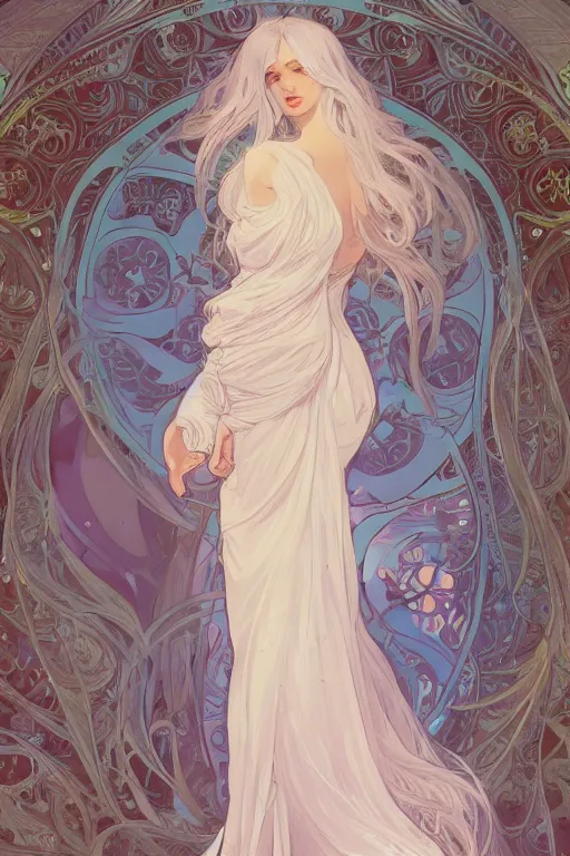 Prompt: A beautiful woman with curvaceous body and long white hair, surrounded by white doves, wearing a long flowy fabric, cinematic lighting, soft bokeh, sci-fi, modern, colourful, highly detailed, digital painting, artstation, concept art, sharp focus, illustration, by alphonse mucha