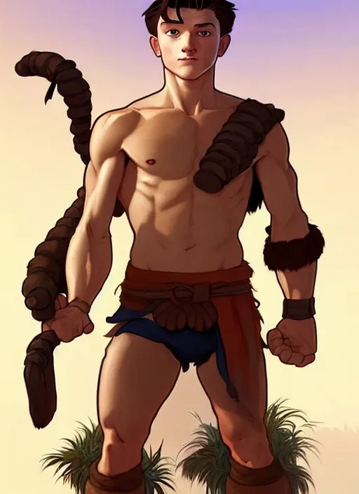 Image similar to cute muscular tom holland wearing barbarian tunic, natural lighting, path traced, highly detailed, high quality, digital painting, by don bluth and ross tran and studio ghibli and alphonse mucha, artgerm