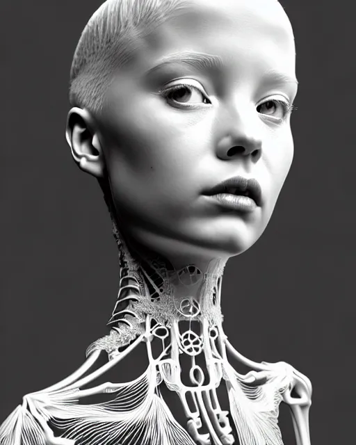 Image similar to bw 3 d render, stunning beautiful little girl angelic cute biomechanical albino female cyborg with a porcelain profile face, rim light, big leaves and stems, roots, fine foliage lace, alexander mcqueen, art nouveau fashion embroidered collar, steampunk, silver filigree details, hexagonal mesh wire, mandelbrot fractal, elegant, artstation trending