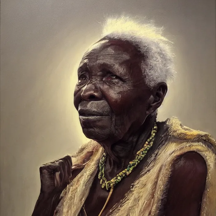 Image similar to a painting of a wise elder from Kenya by Lynette Yiadom-Boakye . dramatic angle, ethereal lights, details, smooth, sharp focus, illustration, realistic, cinematic, artstation, award winning, rgb , unreal engine, octane render, cinematic light, macro, depth of field, blur, red light and clouds from the back, highly detailed epic cinematic concept art CG render made in Maya, Blender and Photoshop, octane render, excellent composition, dynamic dramatic cinematic lighting, aesthetic, very inspirational, arthouse.