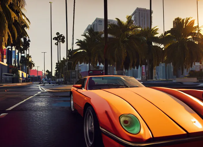 Prompt: still next - gen ps 5 game grand theft auto 6 2 0 2 4 remaster, graphics mods, rain, red sunset, people, rtx reflections, gta vi, miami, palms and miami buildings, photorealistic screenshot, unreal engine, 4 k, 5 0 mm bokeh, close - up generic sports car, gta vice city remastered, artstation