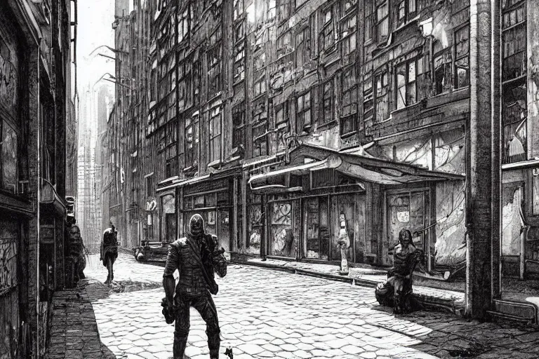 Prompt: detailed ultra - realistic graphic novel illustration of cyberpunk postapocalyptic baroque amsterdam street by edward hopper, cinematic, full shot, ian miller, wayne barlowe, beksinski, giger, greg rutkowski