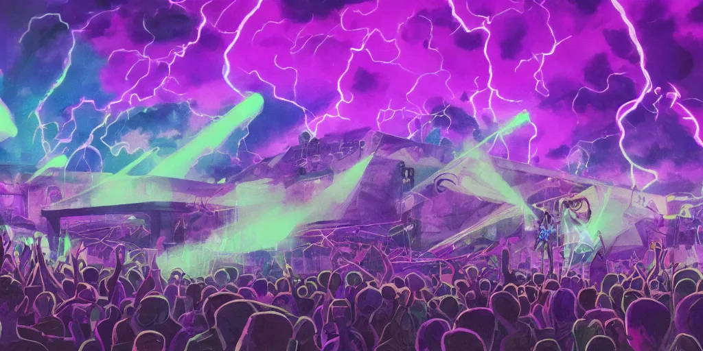 Image similar to view from stage as purple lightning strikes while rapper performs at festival, psychedelic light show, digital art, vapor wave, hip hop, trending on Artstation, professional artist, detailed, 4k