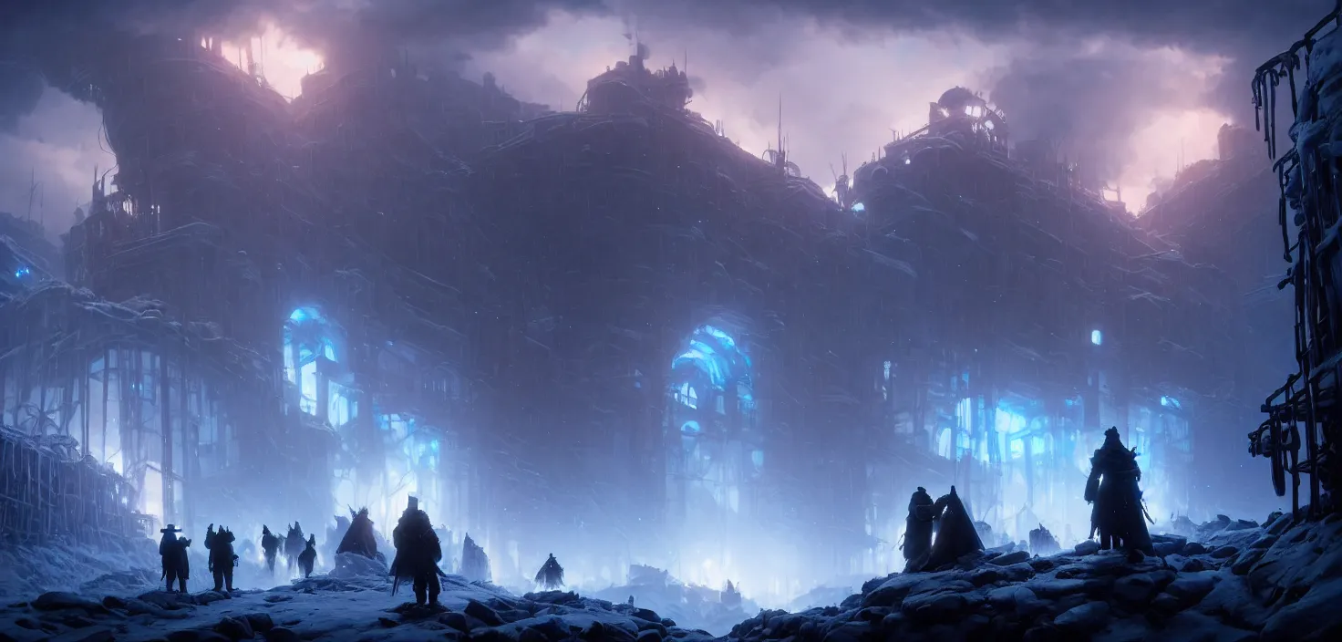 Prompt: frostpunk portal, cinematic view, epic sky, no people, detailed, concept art, high detail, warm lighting, volumetric, godrays, vivid, beautiful, trending on artstation, by jordan grimmer, huge scene, art greg rutkowski