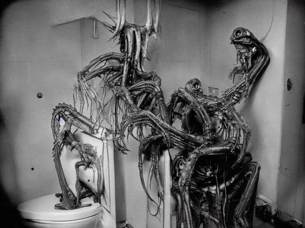 Prompt: HP Lovecraft H.R. Giger alien sitting on the toilet. Color photograph from 1990’s color sci-fi film.