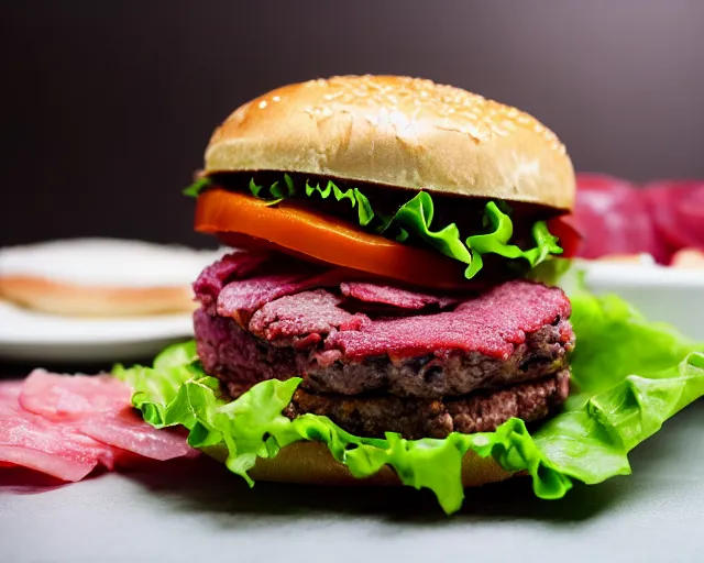 Image similar to dslr food photograph of burger with raw meat, 8 5 mm f 1. 4