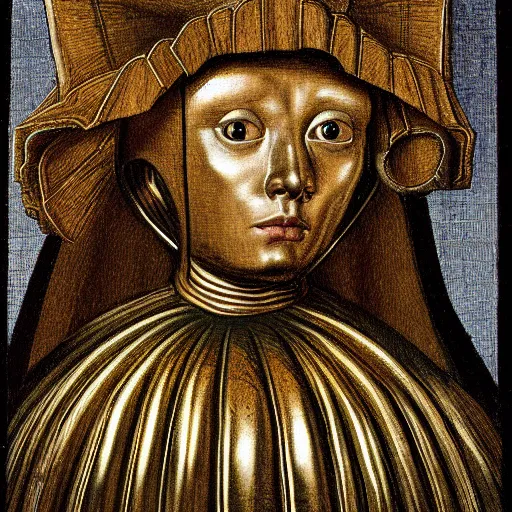 Image similar to a portrait of a shiny metallic renaissance robot, in the style of Jan van Eyck,