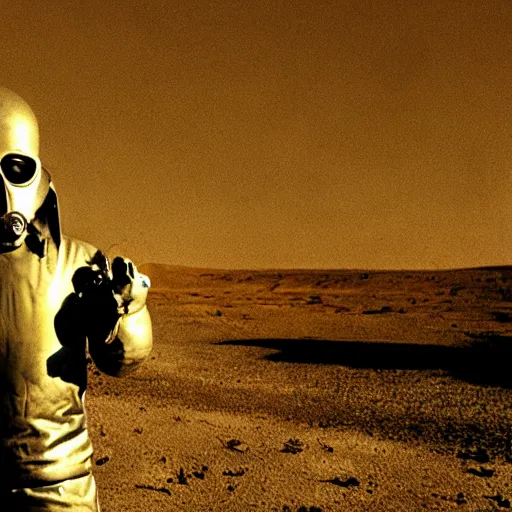 Image similar to a heavily armored man wearing a hazmat suit and gasmask, in the desert, surrealist structures in background, film still, arriflex 3 5