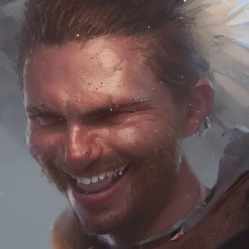 Prompt: a closeup painting of a gigachad noding and making a smile, closed mouth, cant see teeth, face by greg rutkowski, trending on artstation