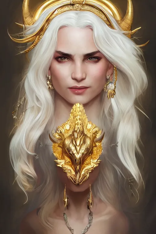 Image similar to fullbody!! beautiful woman with white hair, big natural horns on her head, gold jewellery, dynamic pose, dnd, face, fantasy, intricate, elegant, highly detailed, digital painting, artstation, concept art, smooth, sharp focus, illustration, art by artgerm and greg rutkowski and alphonse mucha